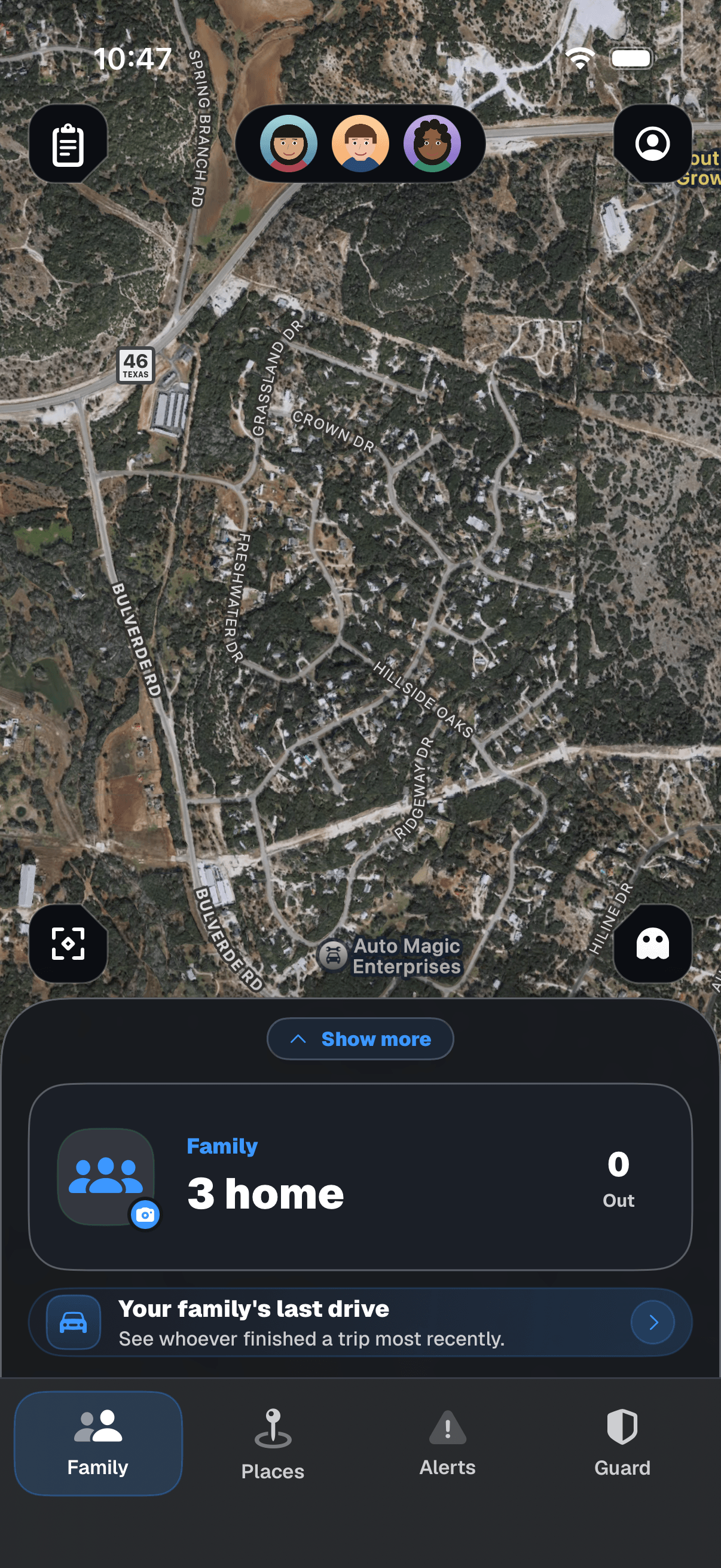 SaberAlert iPhone app, Family overview screen, showing a sample household