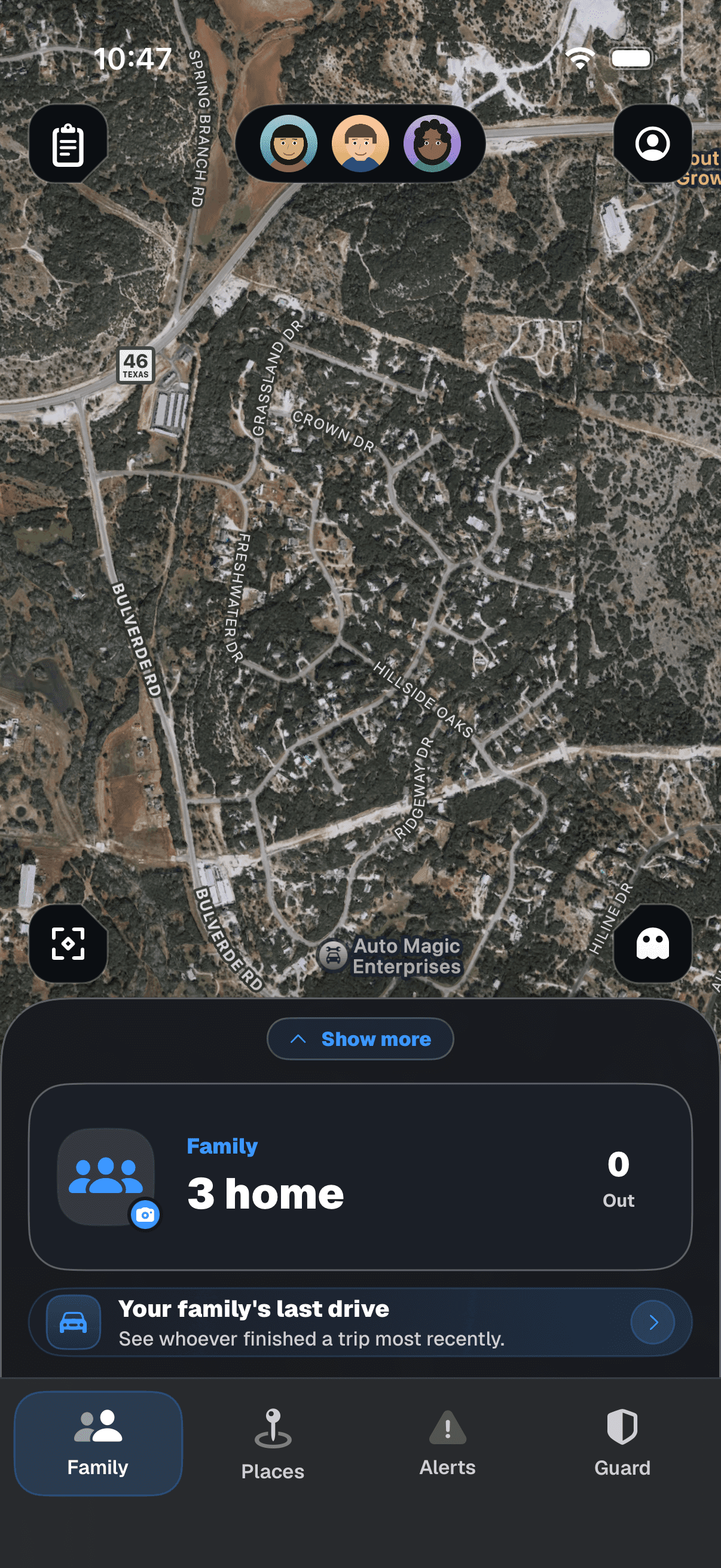 SaberAlert iPhone app, Family overview screen, showing a sample household