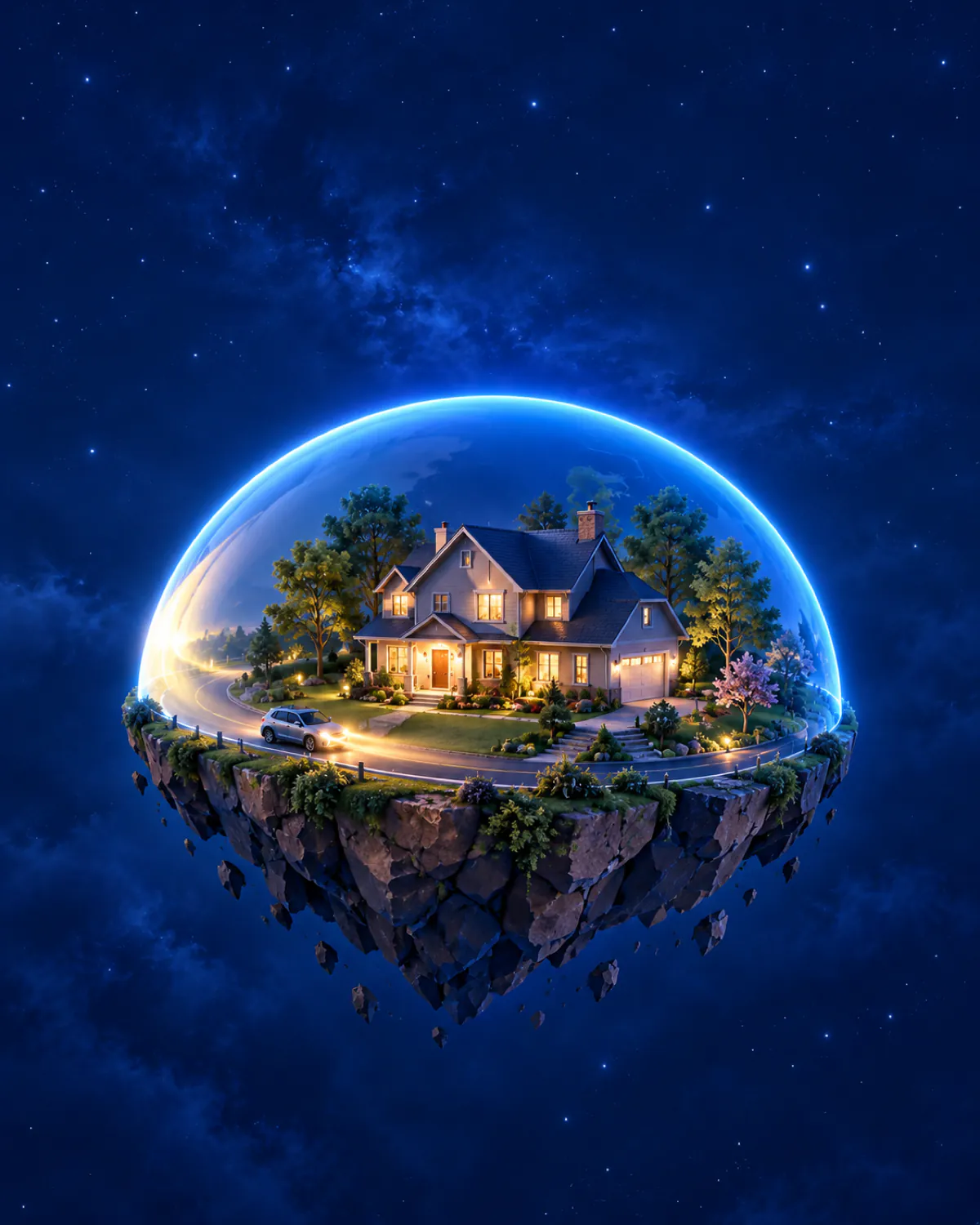 A car passes a family home at night, and its headlights glow across the blue dome around the home
