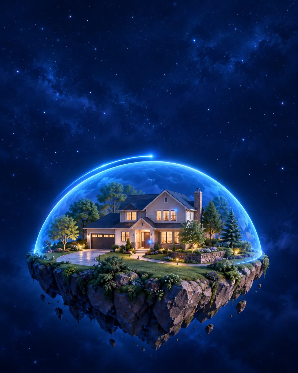 A blue dome closing over a family home and its yard, with a light trailing along its edge