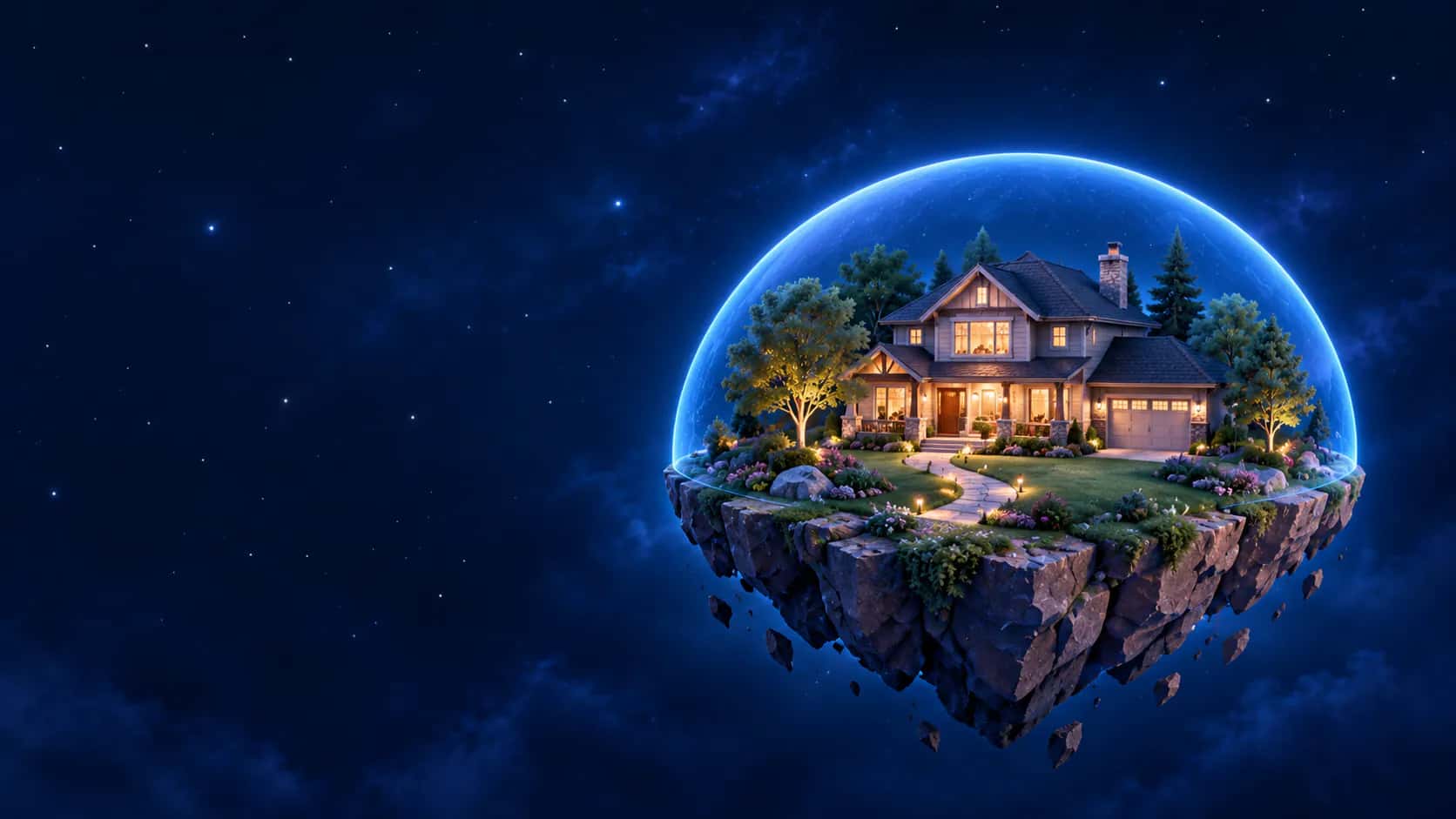 A family home on its own small island at night, inside a soft blue dome