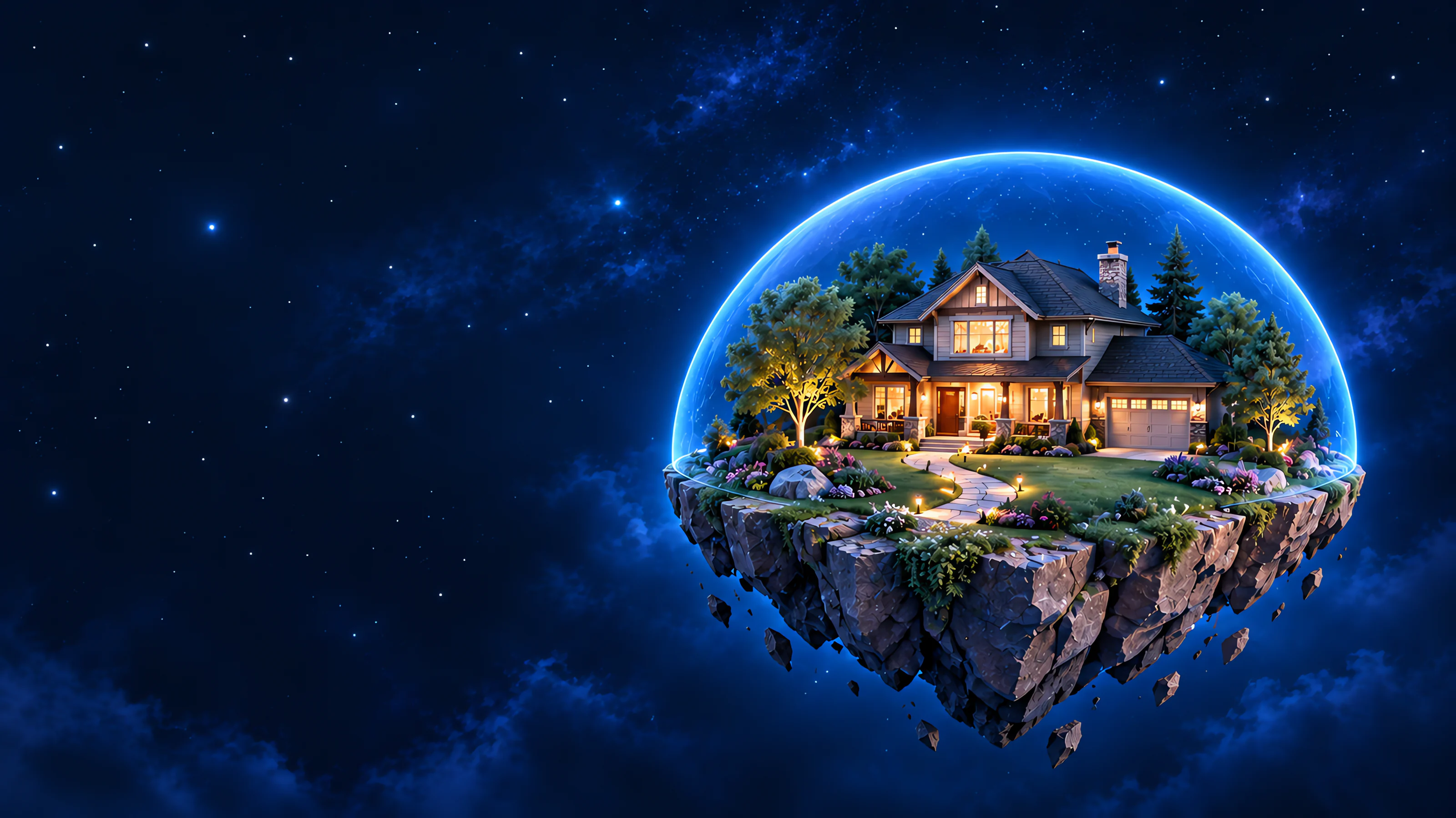 A family home on its own small island at night, inside a soft blue dome